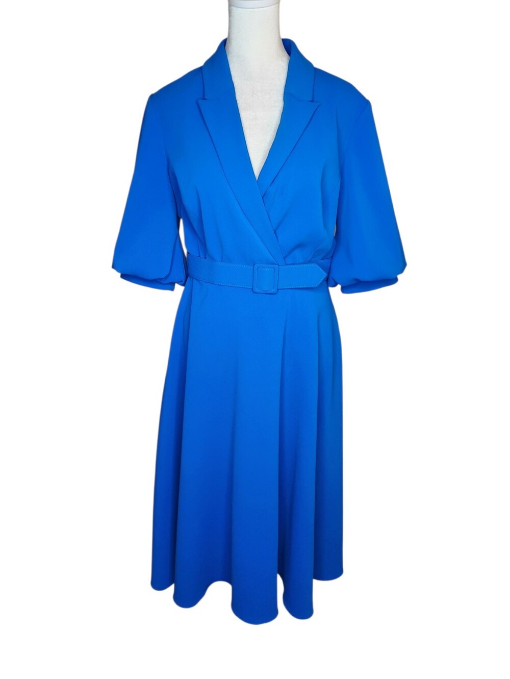 Badgley Mischka Puff Sleeve Belted Blazer Collar Dress Cobalt Blue Size 6